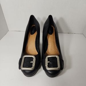 Fossil Maddox leather block heels black with silver buckle size 7